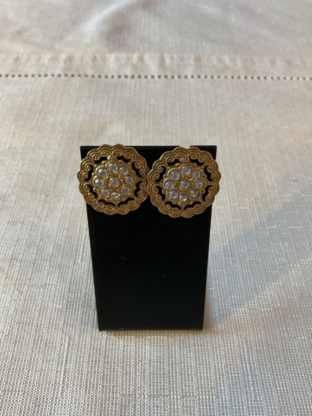 Medallion Shaped Rhinestone Gold Tone Stud Earrings